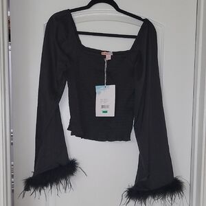 WATERMELON SUGAR Sz L NWT Gothic Coquette/ Chic Black Feather Cuff Blouse